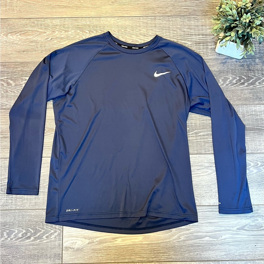 Nike Shirt Men Large Blue Long Sleeve Gym Workout Swim Outdoors Dri Fit 40+UPF